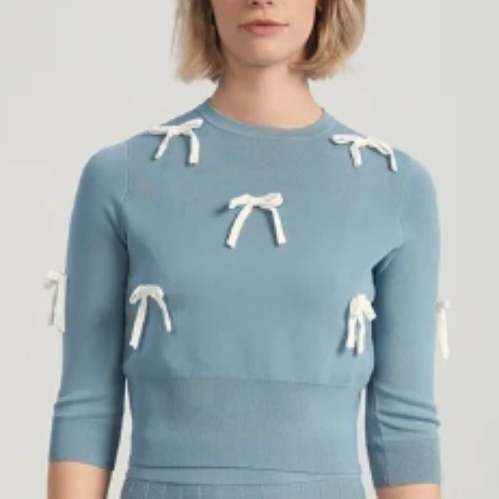 Aleeza Paris Bianca Bow Top Dusty Blue with Ivory Bows S NWT